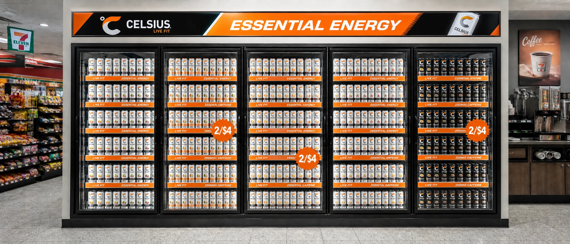 The same five-door 7-Eleven cold vault as a full Celsius campaign: forward-faced branded cans, shelf-edge talkers, burst violators, translucent door clings and an illuminated LIVE FIT header across all five freezer sections