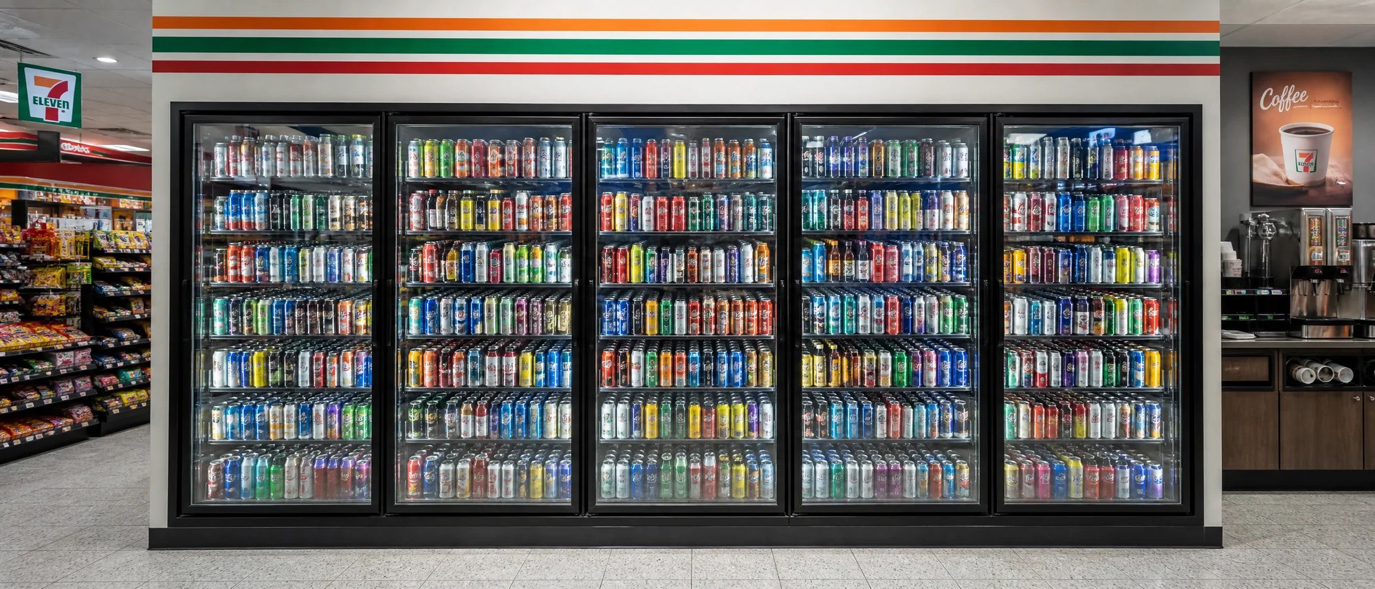 A five-door 7-Eleven cold vault stocked full but sporadically, with mixed unbranded cans and no shelf communication
