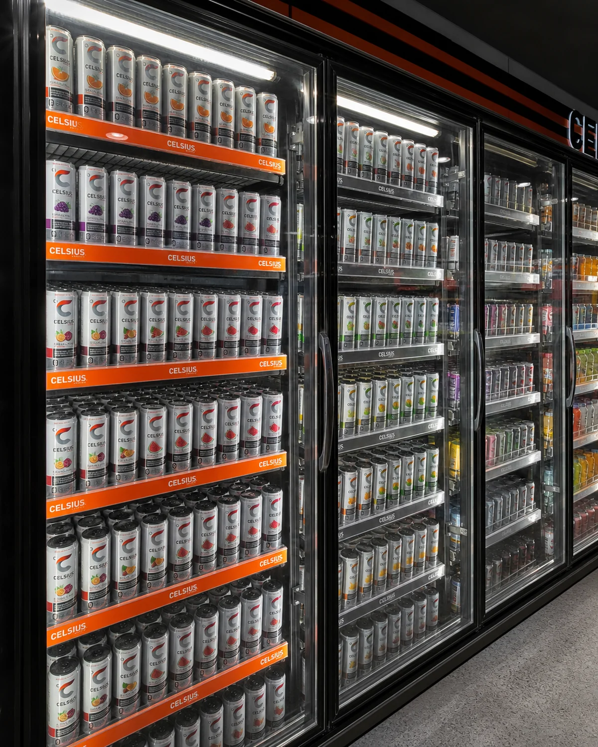 Illuminated convenience-store cold vault fully merchandised with CELSIUS cans and orange branded shelf strips